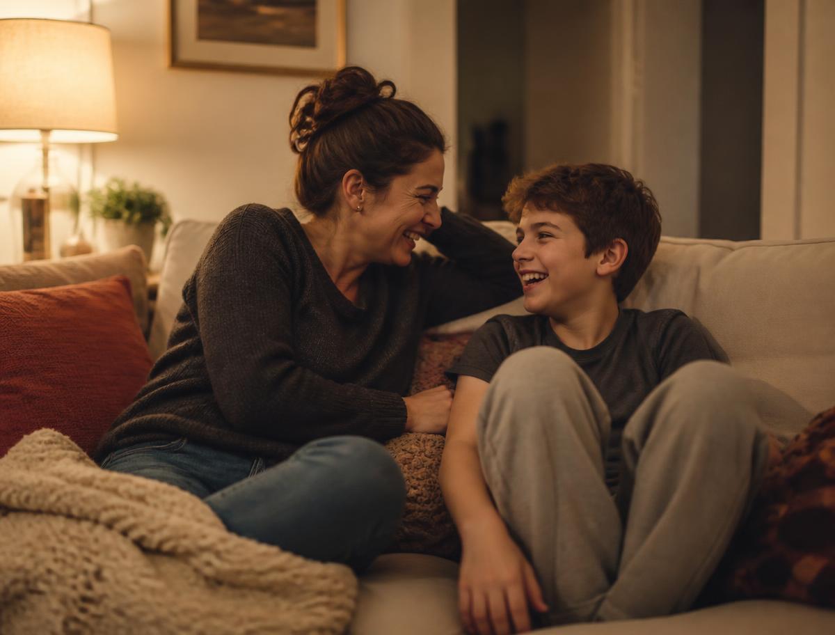A parent and child reconnecting on the couch after a calmer evening
